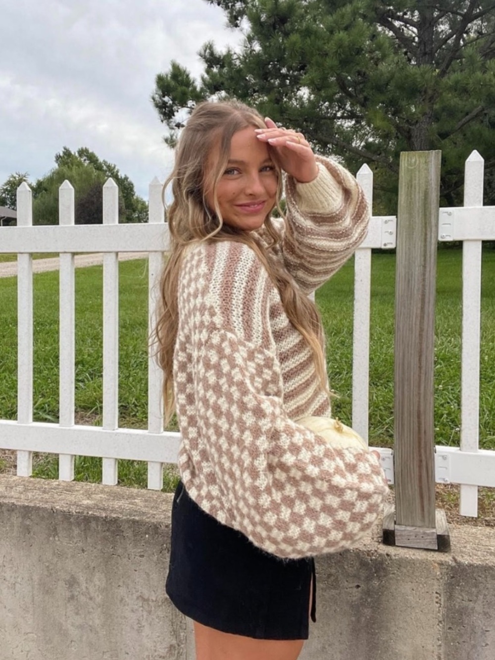 Altar'd State Cream and Taupe Checkerboard & Stripe Crew Sweater - Picture 5 of 6